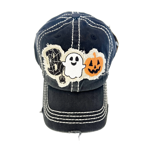 BOO Halloween Distressed Holiday Baseball Hat - Black