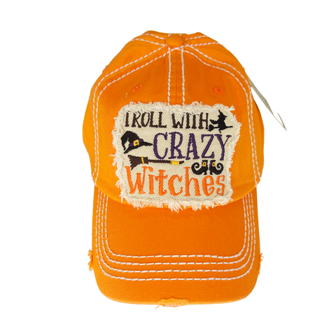 I Roll With Crazy Witches Distressed Holiday Baseball Hat - Orange