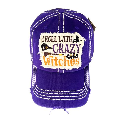I Roll With Crazy Witches Distressed Holiday Baseball Hat - Purple