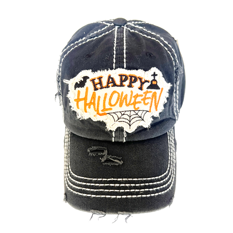 Happy Halloween Distressed Holiday Baseball Hat- Black