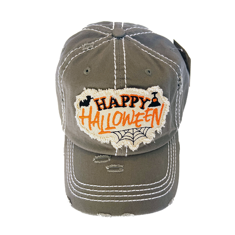 Happy Halloween Distressed Holiday Baseball Hat- Moss Gray