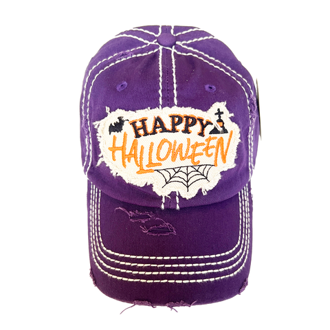 Happy Halloween Distressed Holiday Baseball Hat- Purple