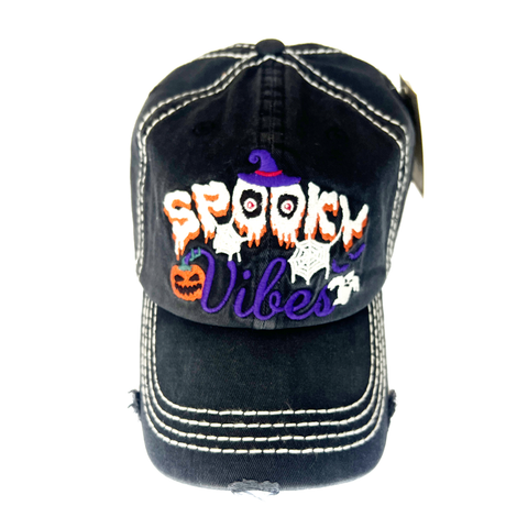 Spooky Vibes Distressed Holiday Baseball Hat - Black