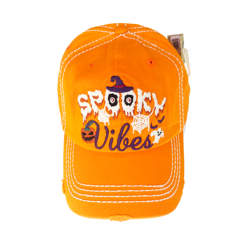 Spooky Vibes Distressed Holiday Baseball Hat - Orange