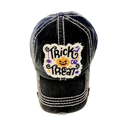 Trick or Treat Distressed Holiday Baseball Hat - Black