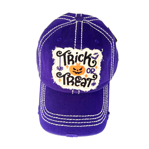 Trick or Treat Distressed Holiday Baseball Hat - Purple
